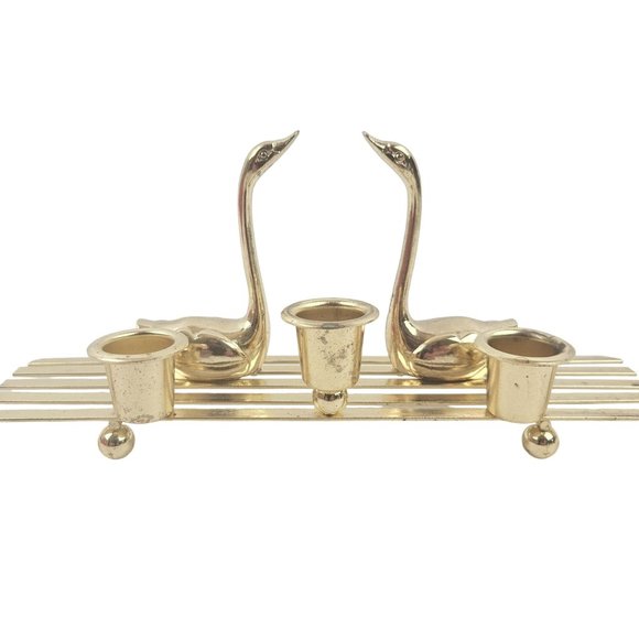 Vintage Christmas Around The World Swans Brass 3 Candle Stick Holder Home Decor - Picture 4 of 9